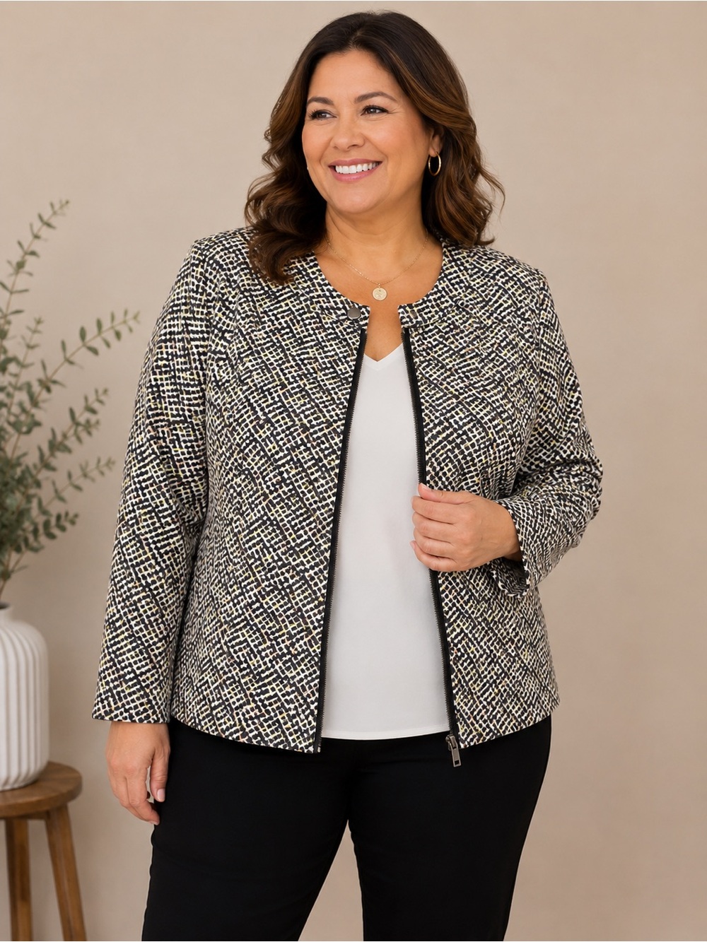 CAbi Cliffside moto Black & Cream Tweed Zip-Front Jacket L